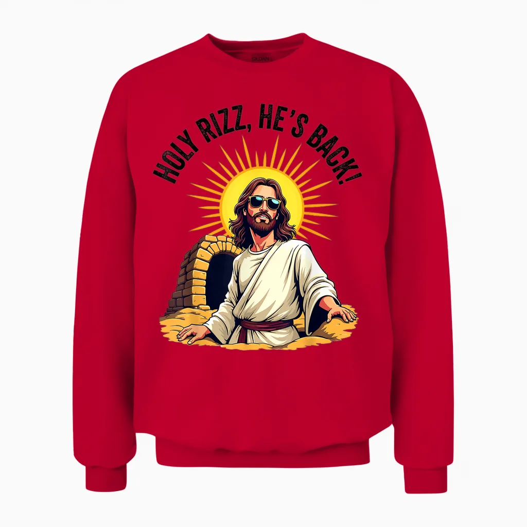 Holy Rizz, Il Est De Retour Humour Chrétien Drôle Jésus Meme Unisex Sweatshirt in Red
