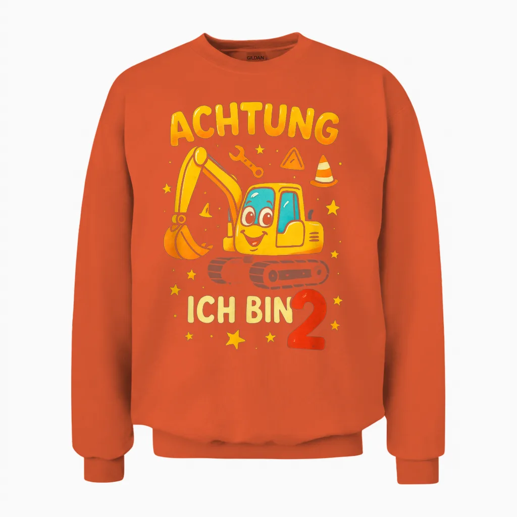 T-Shirt with German Text "excavator Birthday Achtung Ich Bin 2 Unisex Sweatshirt in Orange