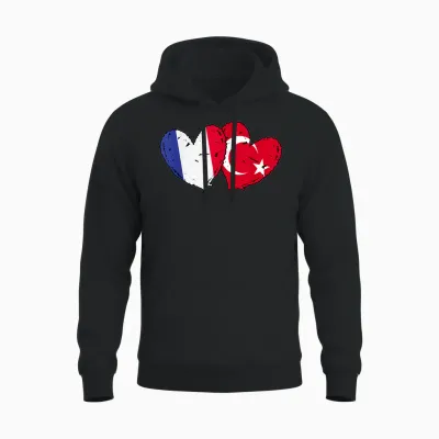 Flag of France Turkey Heart Türkiye French Turkish Friendship Unisex Hoodie - Black