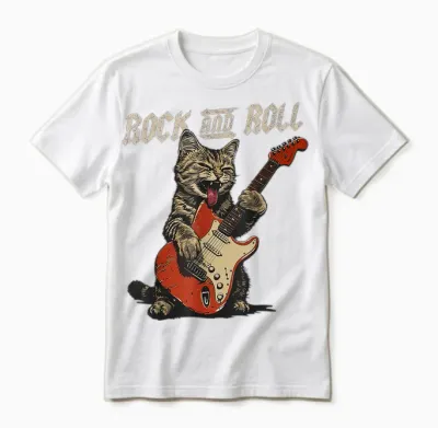 Rock and Roll Guitar Cat Vintage Rock Guitarist Cat Unisex T-Shirt - White
