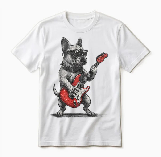 Guitare Vintage Bouledogue Français Punk Unisex T-Shirt in White