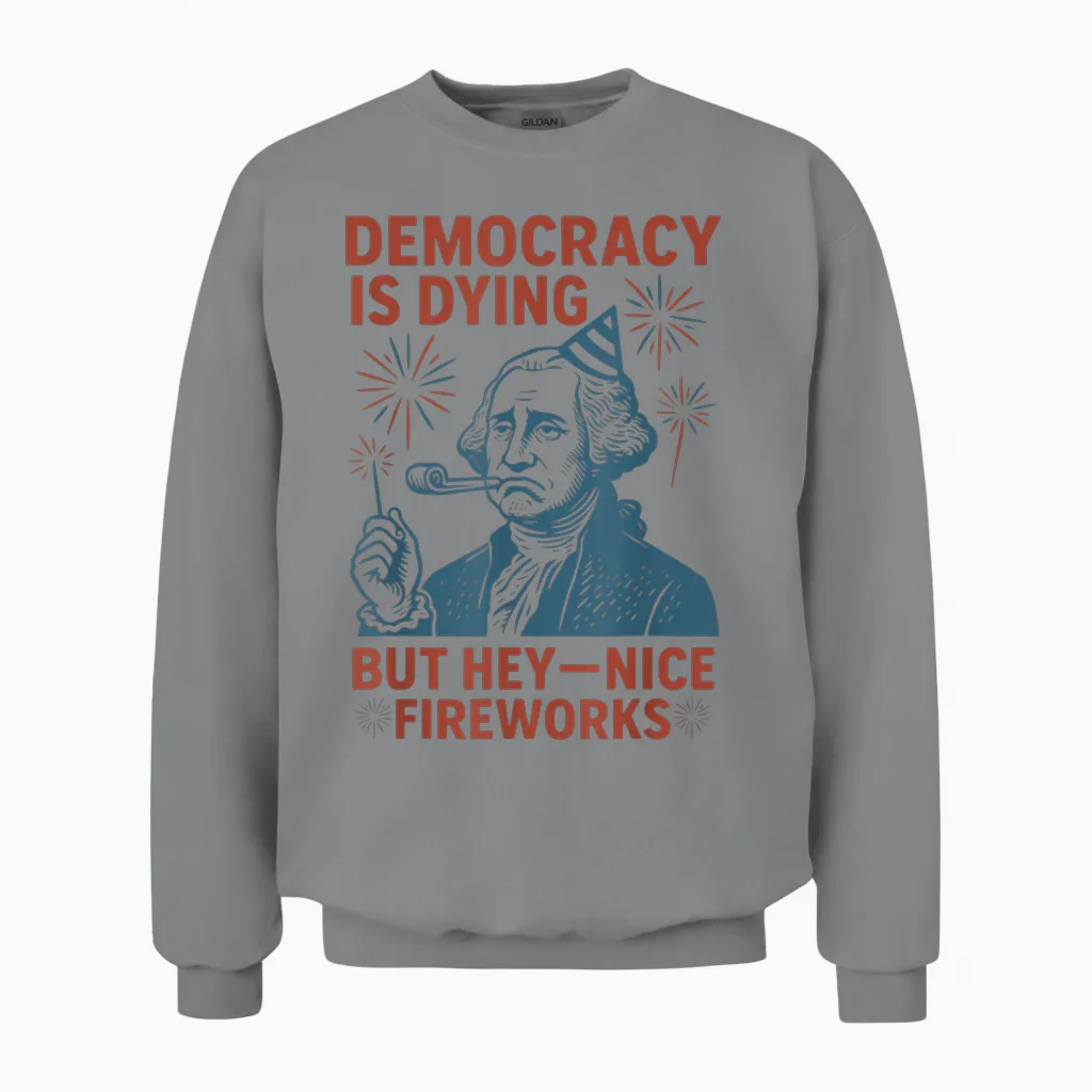 Democracy Is Dying Nice Fireworks, G. Washington 4th of July Unisex Sweatshirt in Sport Grey