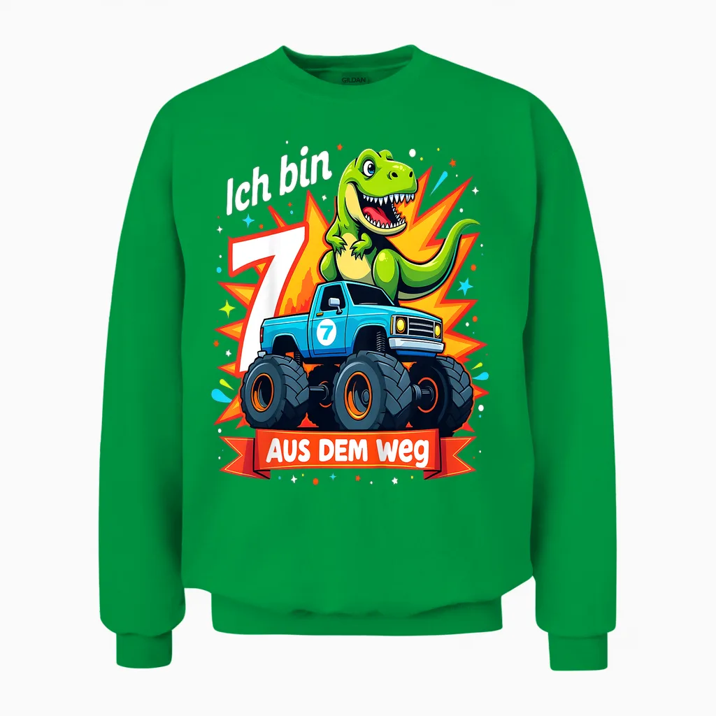 Kinder Ich Bin 7 Dinosaurier Monstertruck Kindergeburtstag Unisex Sweatshirt in Irish Green