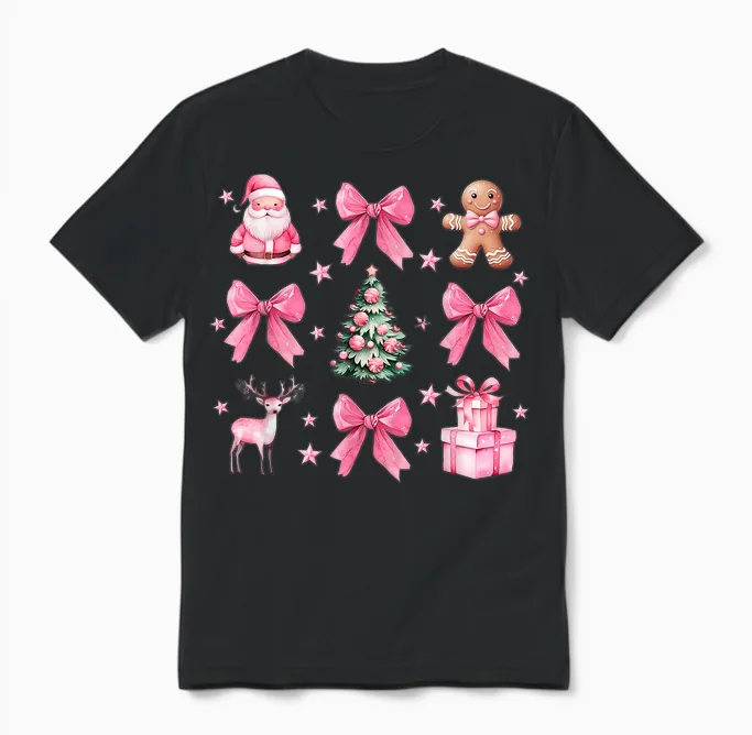 Cute Coquette Bow Pink Christmas Tree Santa Gingerbread Xmas Unisex T-Shirt in Black