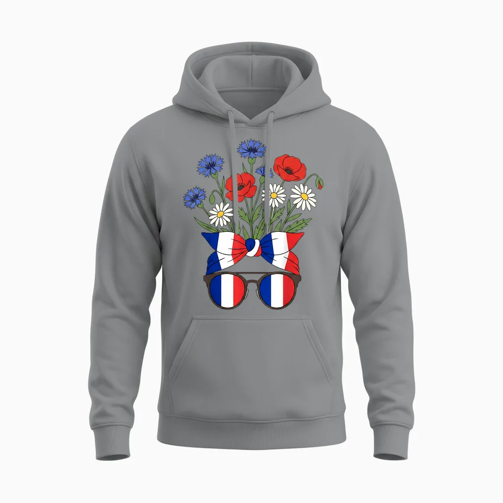 France Fête Nationale Femme Patriote Fleurs Lunettes Unisex Hoodie in Sport Grey