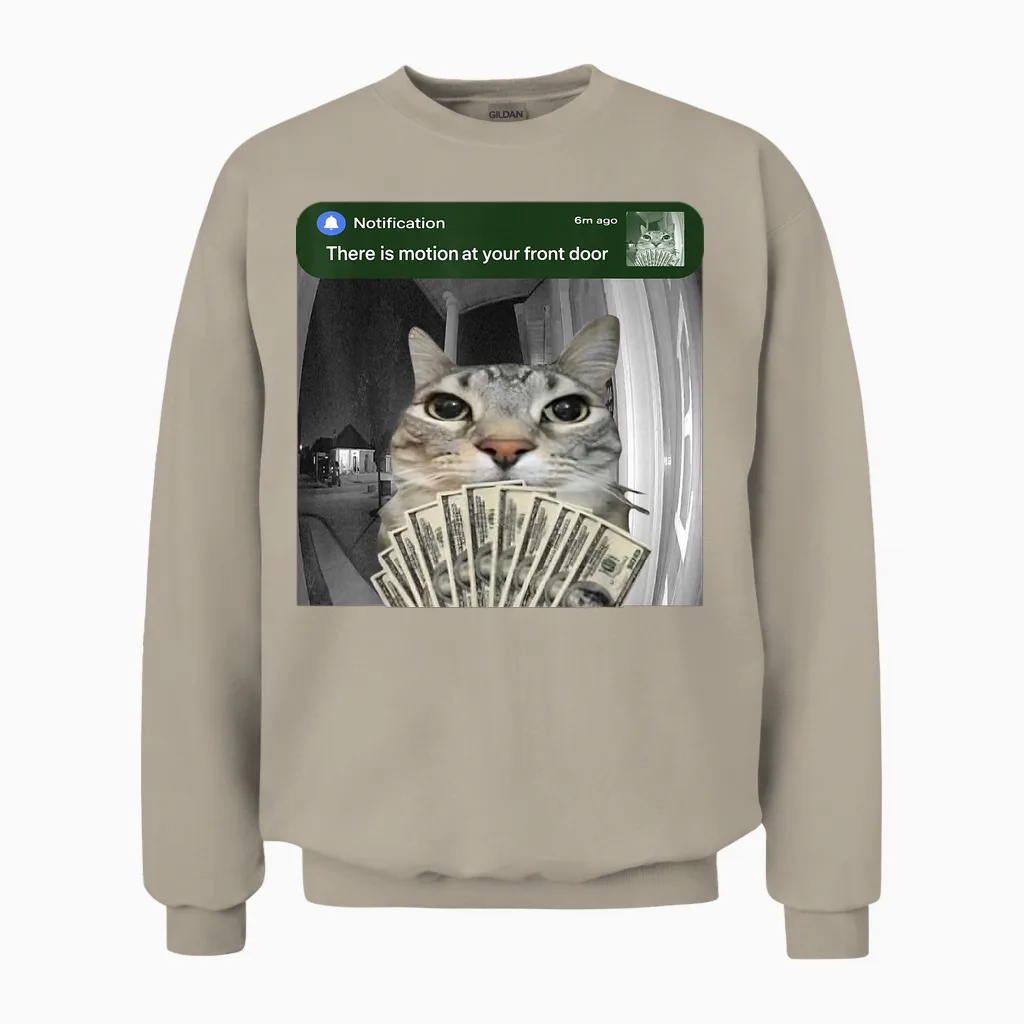 There Is Motion at Your Front Door Funny Cat Motion Meme Unisex Sweatshirt in Sand
