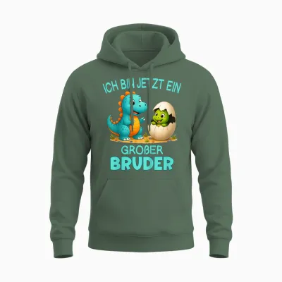 Children's T-Shirt with German Text "ich Bin Jetzt Ein Großer Bruder Dinosaur" Motif Unisex Hoodie - Military Green