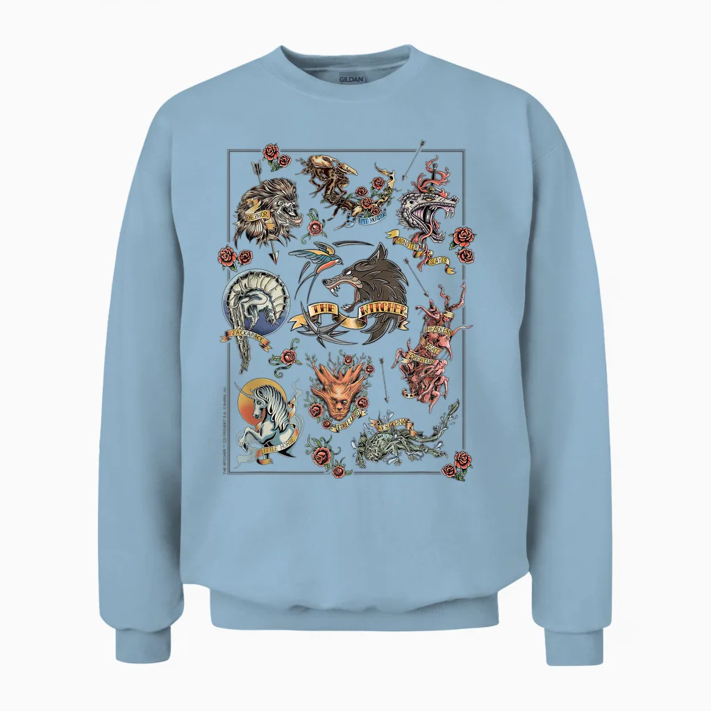 The Witcher Monster Tattoo Flash Officially Licensed Unisex Sweatshirt in Light Blue
