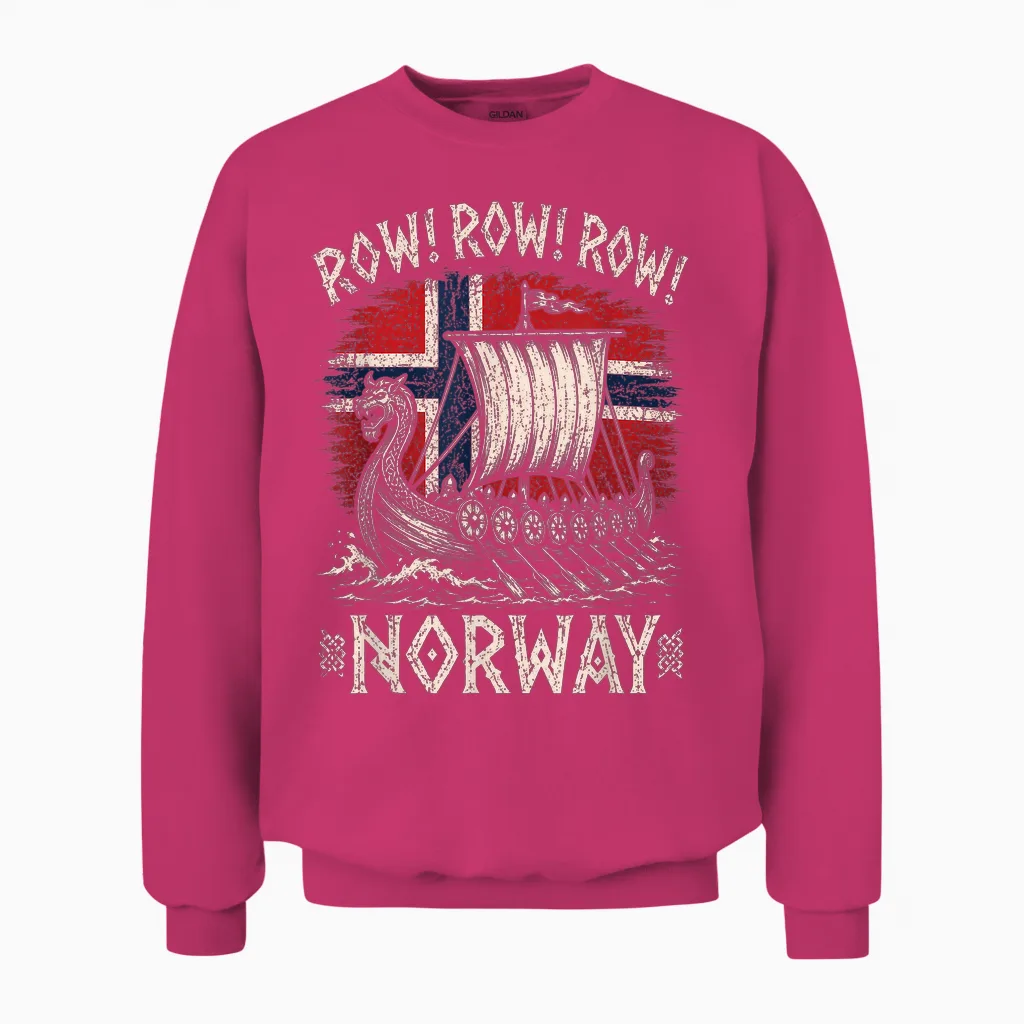 Row Row Row Norway Flag Funny Viking Longship Norse Uff Da Unisex Sweatshirt in Heliconia