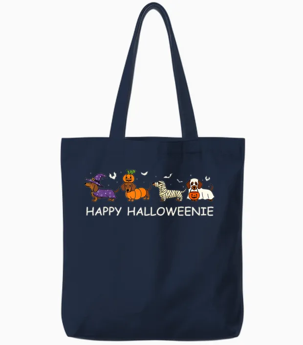 Weiner Dog Witch Happy Halloweenie Cute Halloween Dachshund Tote Bags in Navy