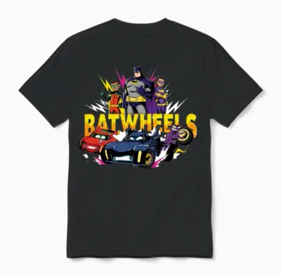 Batwheels Logo with Super Heroes and Their Cars Unisex T-Shirt - Black