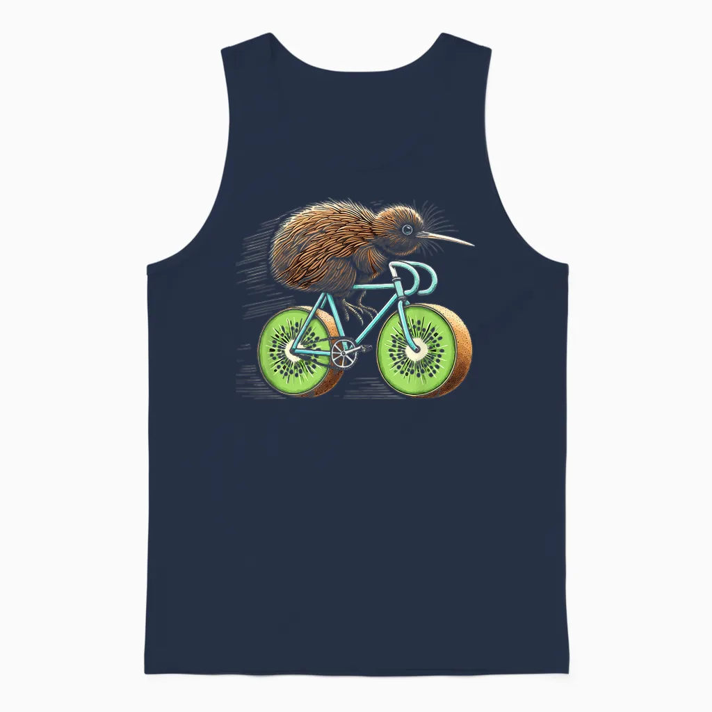 Kiwi Bird Riding Bicycle Funny Kiwi Fruit Wheels Bicycle T-Shirt, Black Unisex Tank Top in Navy