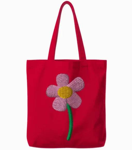 Pink Flower Embroidered - Floral & Botanical Tote Bags in Red