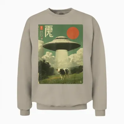 Funny Japanese Ufo Alien Kidnapping Cow Kids Adult Unisex Sweatshirt - Sand