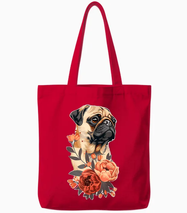 Cute Pug Dog Flowers Pug - Lovers Tote Bags in Red