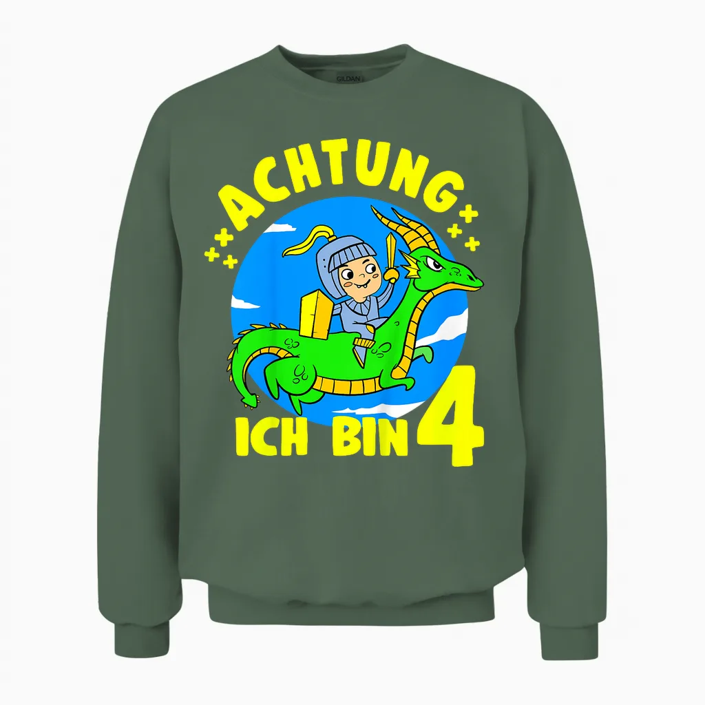Kinder Drache & Ritter Geburtstagshirt Achtung 4 Jahre Junge Unisex Sweatshirt in Military Green