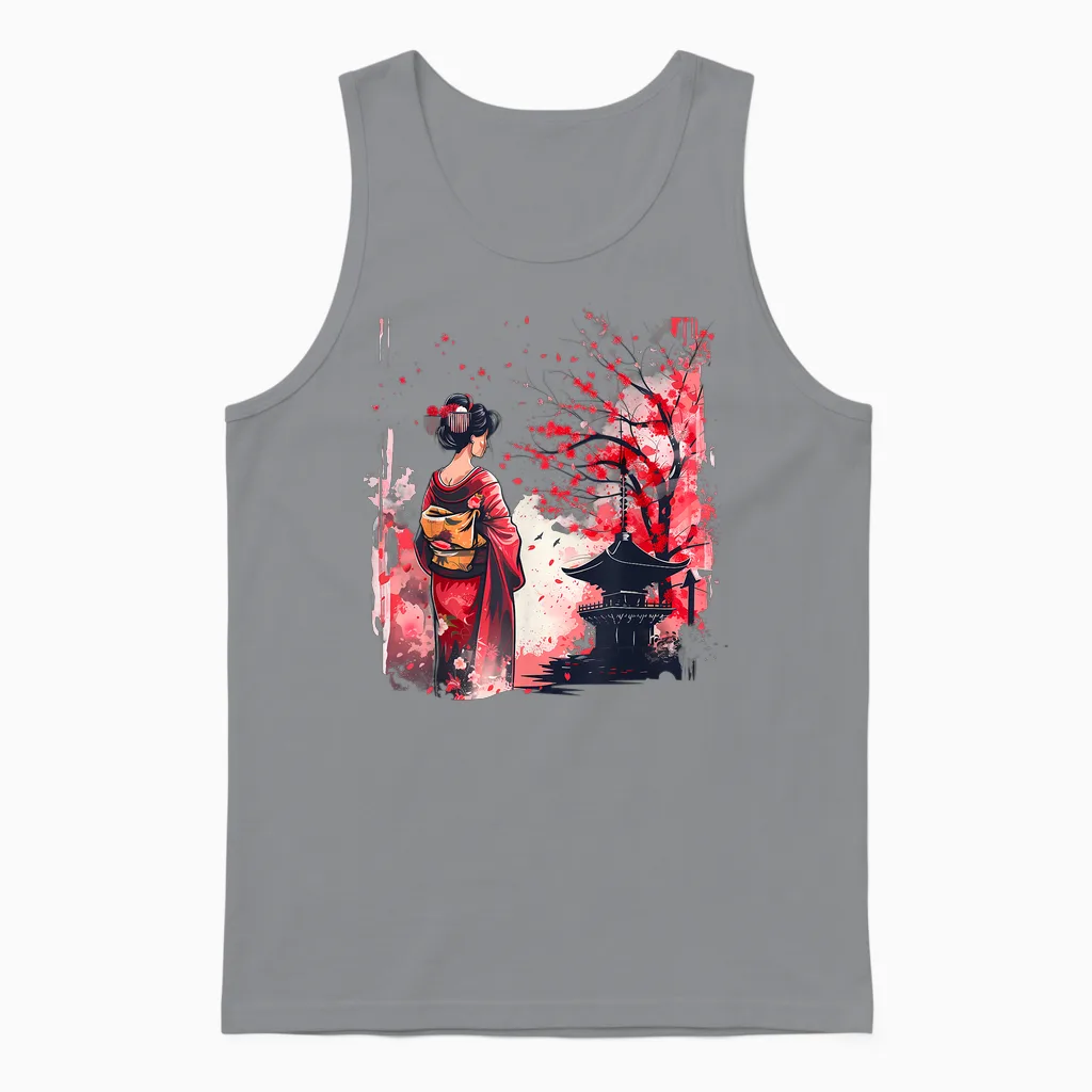 Japanese Geisha Sakura Cherry Blossom Pagoda Geisha Girl T-Shirt, Black, S Unisex Tank Top in Sport Grey