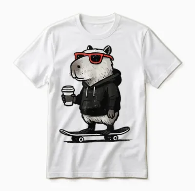Cool Capybara on Skateboard with Coffee Funny Skater Kapy Unisex T-Shirt - White