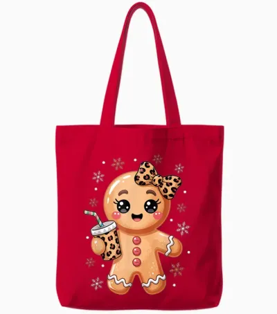 Cute Gingerbread Leopard Coquette Bow Christmas Gingerbread Tote Bags - Red