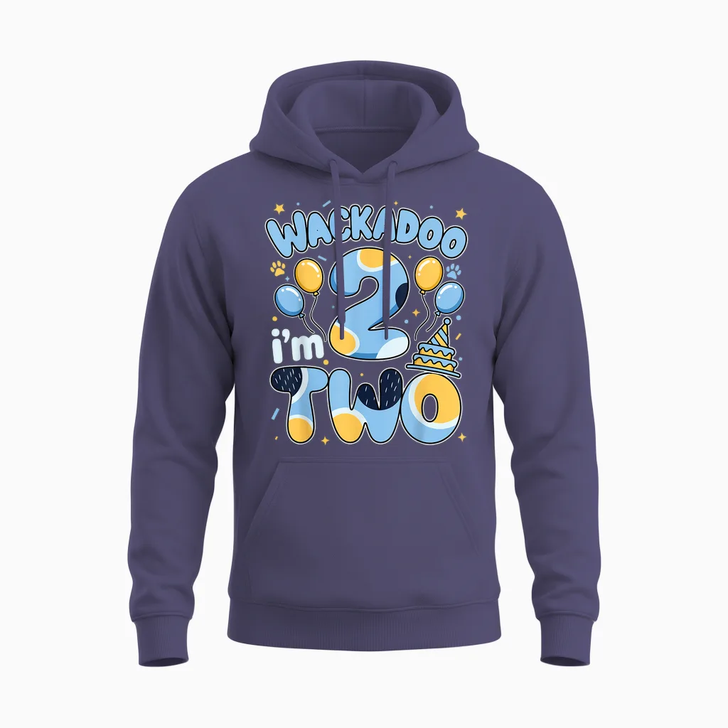 Wackadoo I'm Two 2nd Birthday Boy Toddler 2 Year Dog Lover Unisex Hoodie in Heather Sport Dark Navy