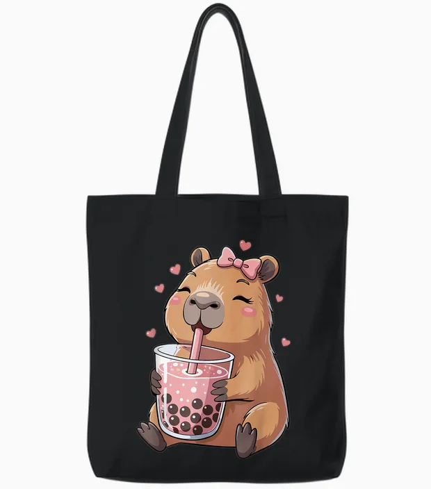 Cute Capybara Drinking Bubble Tea for Girls Capybara Tote Bags in Black