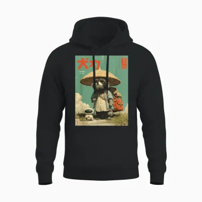 Vintage Retro Japanese Geeky Raccoon Hiking with Robot Unisex Hoodie - Black
