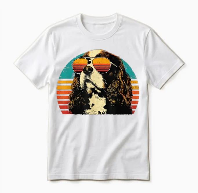 Cavalier King Charles Spaniel Dad Sunset Retro Dog Lover Pour Hommes Unisex T-Shirt in White