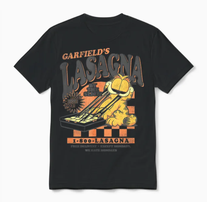 Garfield Vintage by the Slice Garfield's Lasagna Unisex T-Shirt in Black