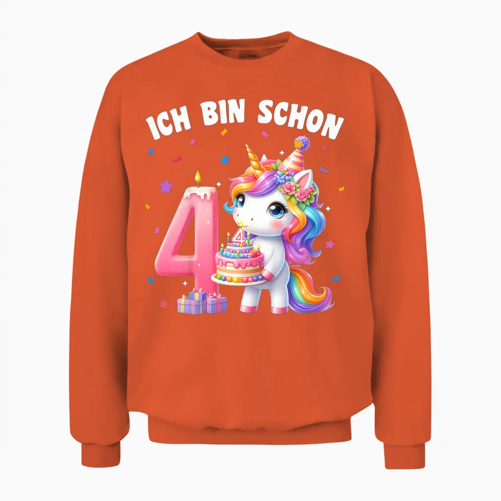 Children's 4th Birthday Girl 4 Years Unicorn Party Outfit Unicorn T-Shirt, Black Unisex Sweatshirt in Orange