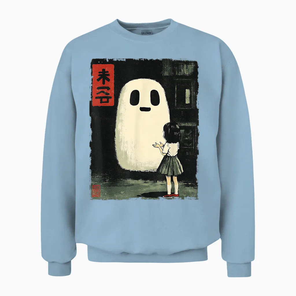 Japanisches Friendly Ghost Gruseliges Anime-T-Shirt Mit Halloween-Grafik Unisex Sweatshirt in Light Blue