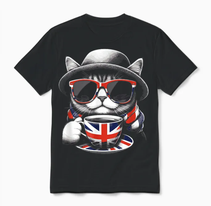 Cat Sunglasses Uk British Flag England Funny Unisex T-Shirt in Black