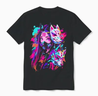 Anime Manga Cyberpunk Aesthetic Techwear Harajuku Kitsune T-Shirt, Black Unisex T-Shirt - Black