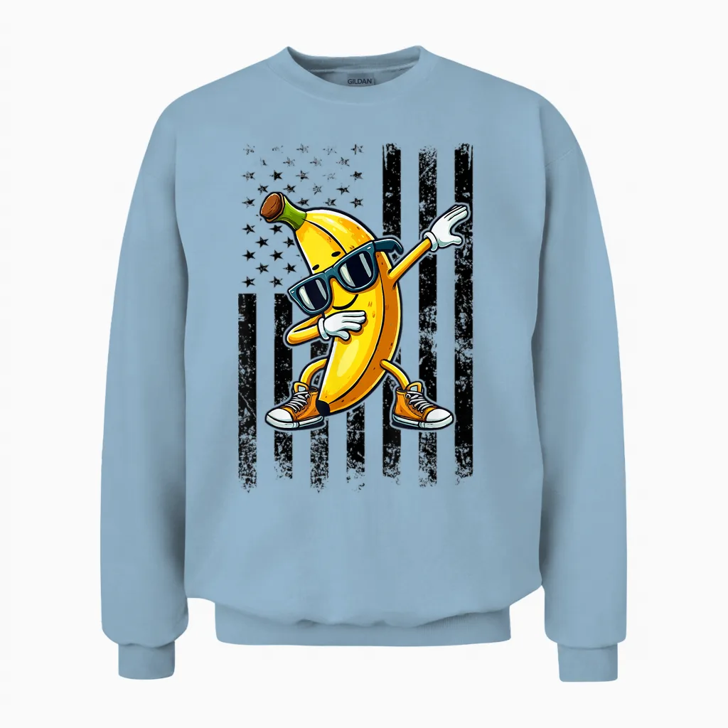 Dabbing Banana Retro American Flag Banana Lover Boys Unisex Sweatshirt in Light Blue
