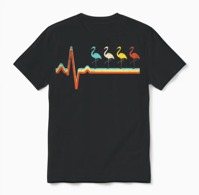 Flamingo Retro Heartbeat Unisex T-Shirt in Black