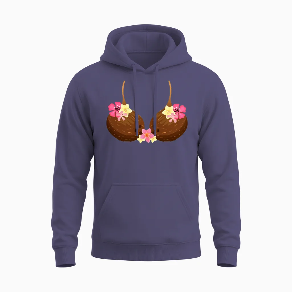Funny Coconut Bra with Hawaiian Tropical Flowers Unisex Hoodie in Heather Sport Dark Navy