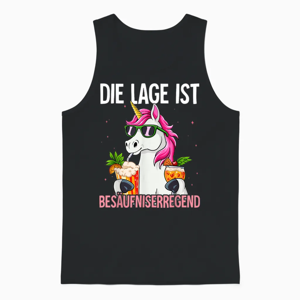 T-Shirt with German Text "die Lage Ist Besäufniserregend, Black Unisex Tank Top in Black