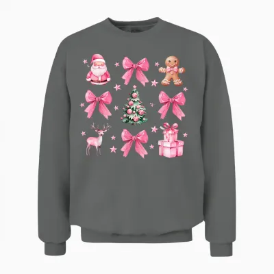 Cute Coquette Bow Pink Christmas Tree Santa Gingerbread Xmas Unisex Sweatshirt - Graphite Heather