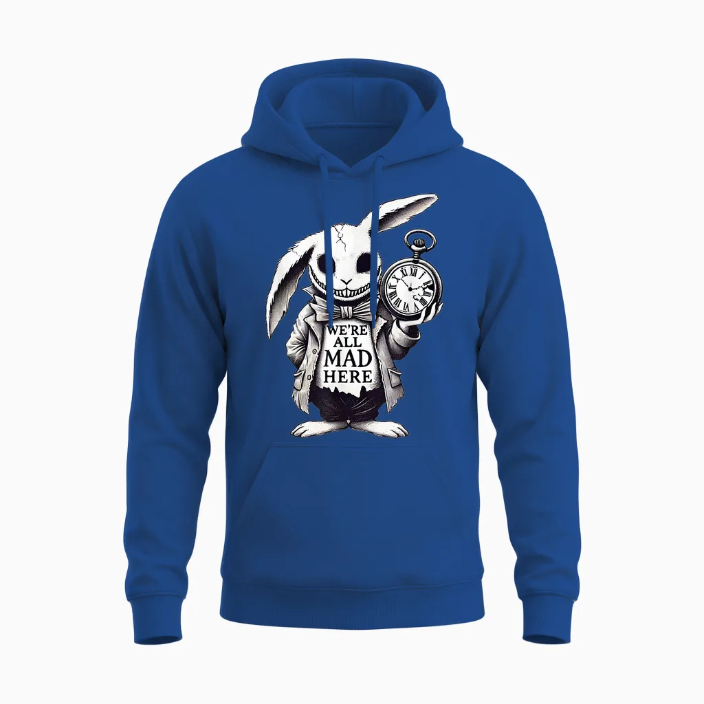 Alice in Wonderland - We're All Mad Here Rabbit Hatter Quote Unisex Hoodie in Royal