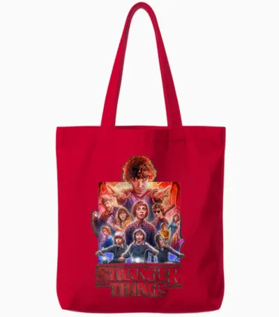 Stranger Things Group Poster T-Shirt, Black, S Tote Bags - Red