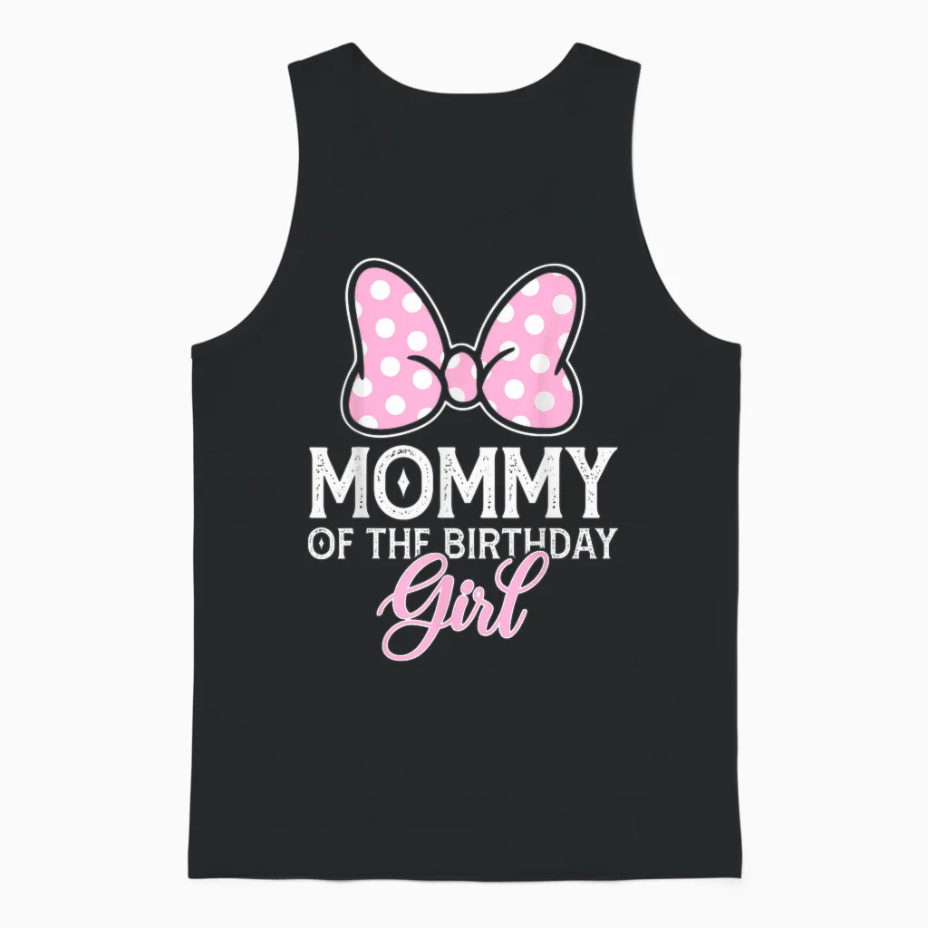 Mommy of the Birthday Girl Cute Pink Bow Family Matching Unisex Tank Top in Black
