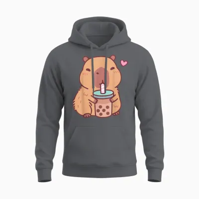 Cute Capybara Kawaii Anime Drinking Bubble Tea Lover Girls Unisex Hoodie - Charcoal