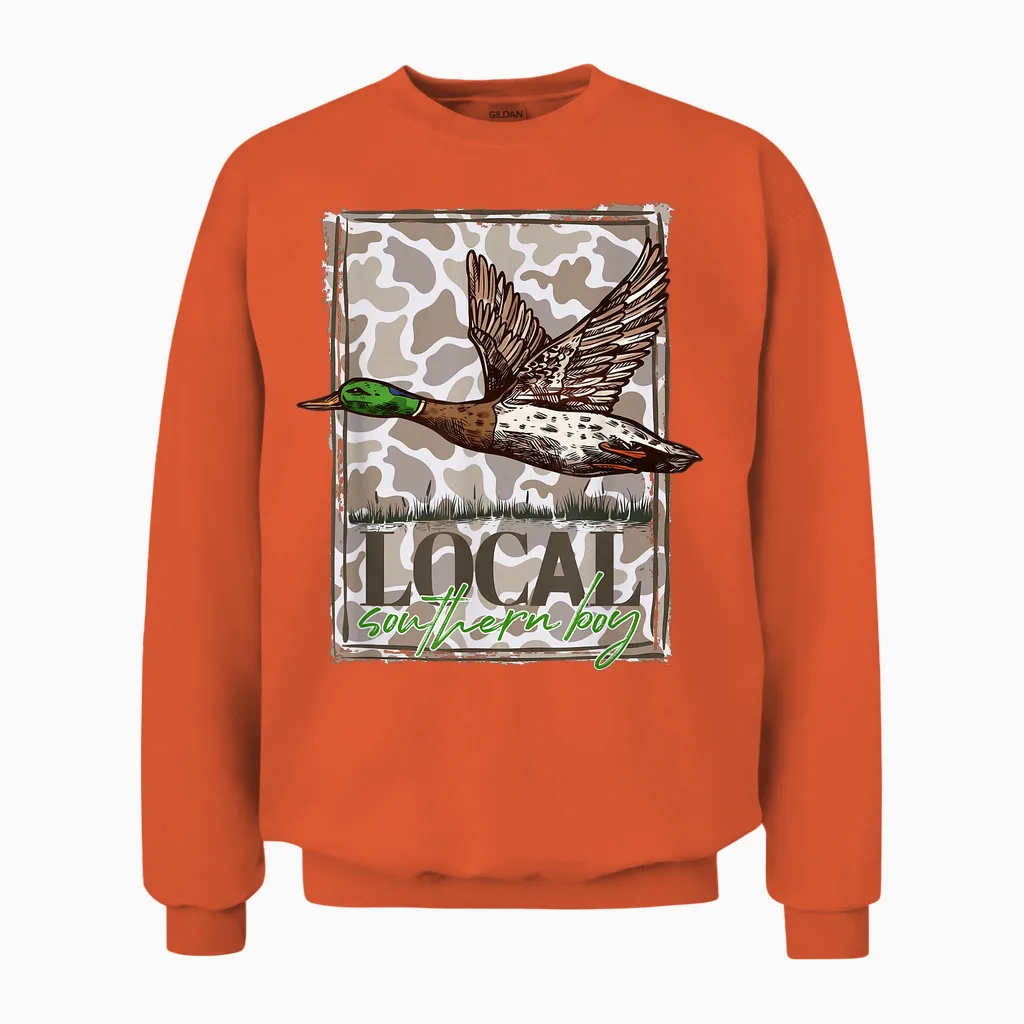 Local Southern Boy Camo Mallard Duck Hunting Outdoor Boy Men Unisex Sweatshirt in Orange