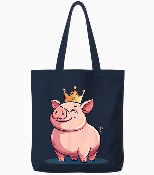 Funny Pig with Crown for Royal Smile T-Shirt, Black, S Tote Bags in Navy