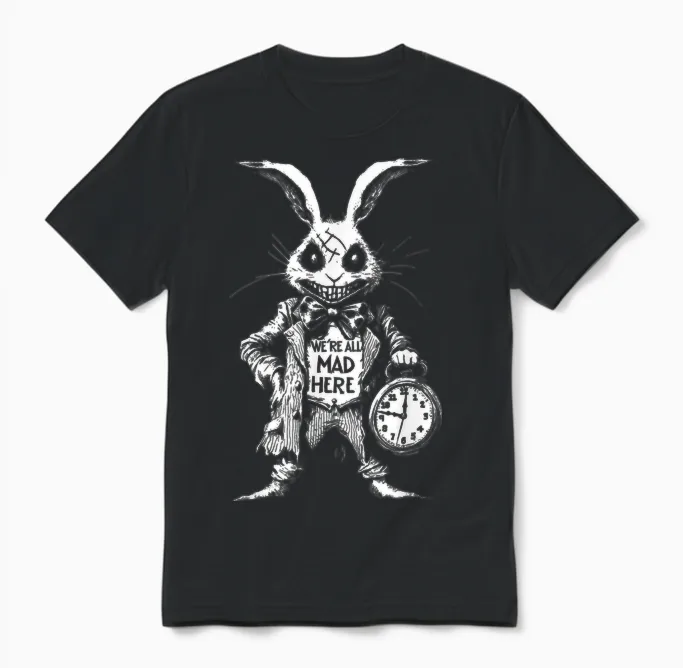 The White Rabbit in Wonderland Scary Horror Unisex T-Shirt in Black