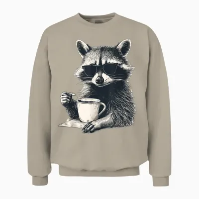 Cool Raccoon with Sunglasses with Cup Coffee Raccoon T-Shirt, White Unisex Sweatshirt - Sand