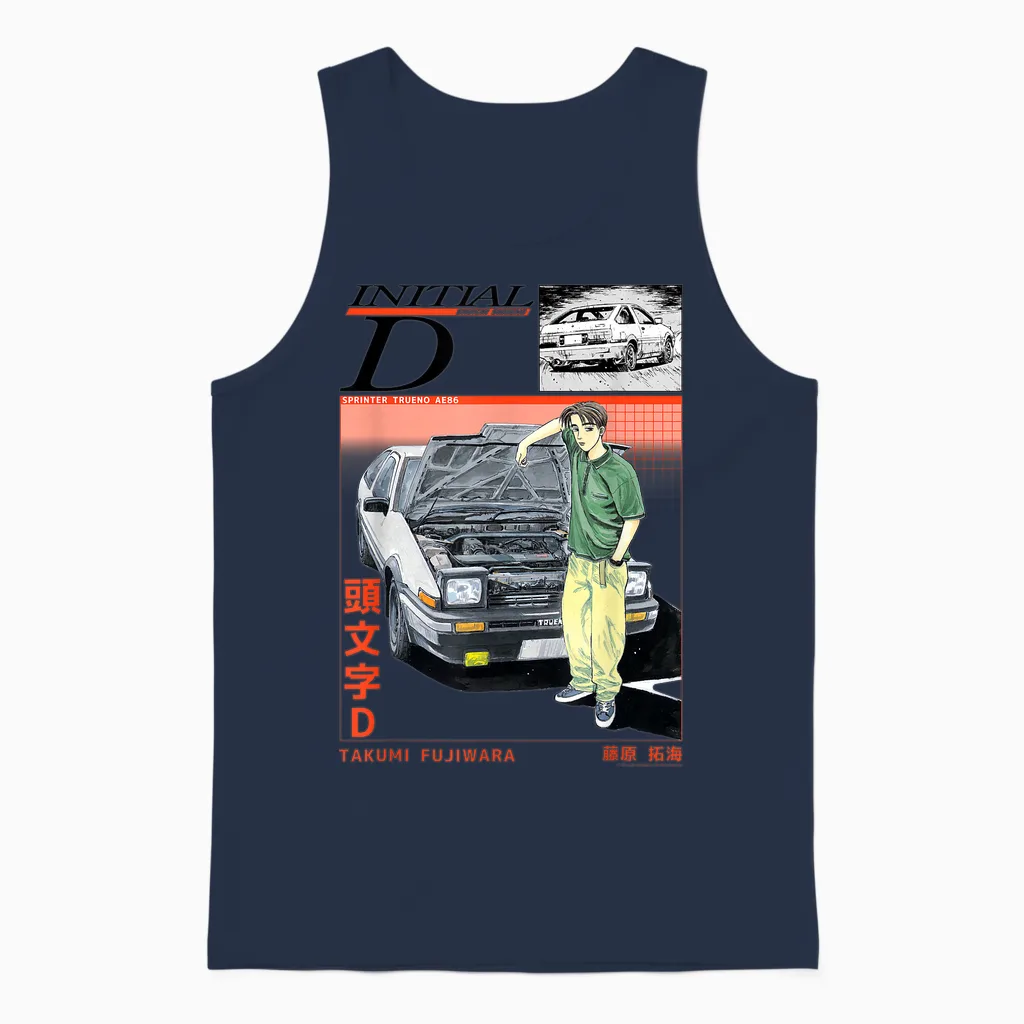 Initial D Takumi Open Hood Car Portrait Manga Anime Unisex Tank Top in Navy