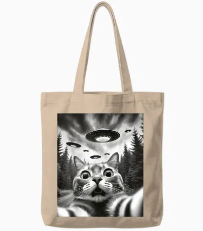 Alien Ufo Cat Selfie Funny Cat with Ufo T-Shirt, Black Tote Bags - Natural