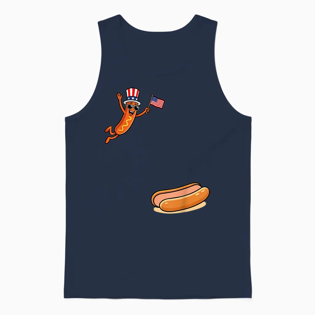 Hotdog Freedom Dive Funny Uncle Sam Hot Dog Jumping into Bun Unisex Tank Top in Navy