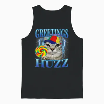Lollipop Cat Meme Greetings Huzz Funny Silly Cats Brainrot T-Shirt for Men Women Kids Unisex Tank Top - Black