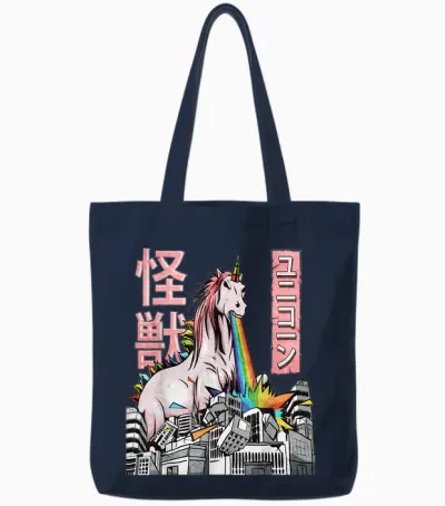 Japanese Kaiju Clothes - Japanische Kleidung: Kaiju Unicorn Japanese Monster Anime Merch Manga T-Shirt (black, Small, Unisex, Short Sleeve, T-Shirt, Anime, Casual, Men, Boys) Tote Bags - Navy